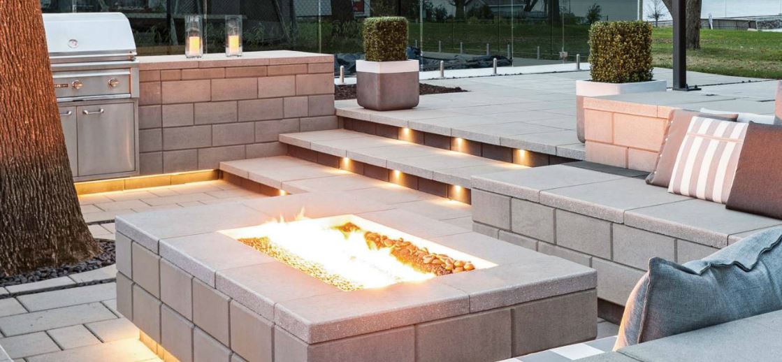 Techo Bloc Ruffinato Fire Pit And Stair Lighting Distinctive